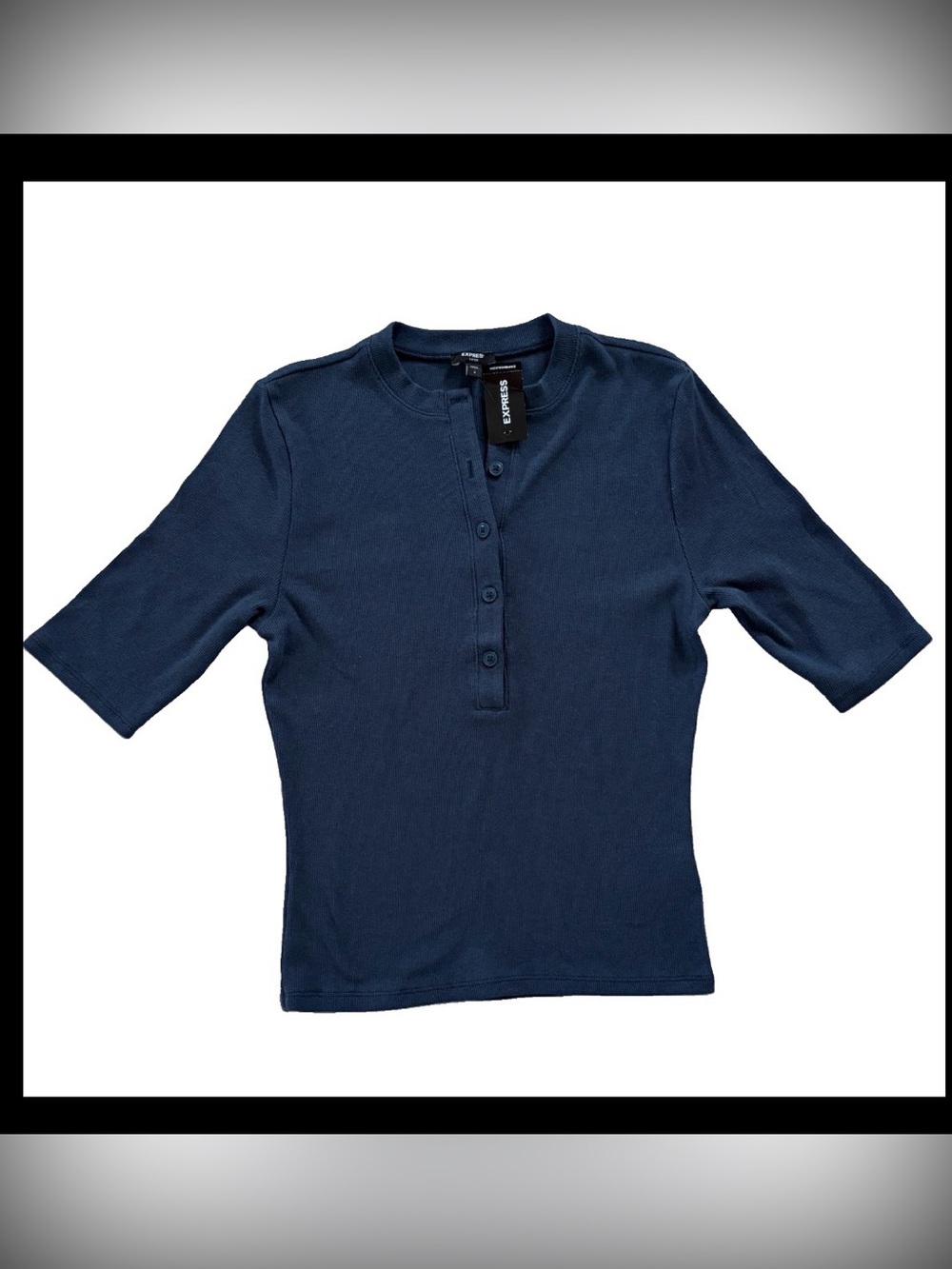 NWT Express Elbow Sleeve Soft Fitted Ribbed Henley Blue Small